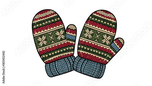 Pair of knitted winter mittens with snowflake pattern isolated on white background for seasonal holiday designs and cozy winter themes