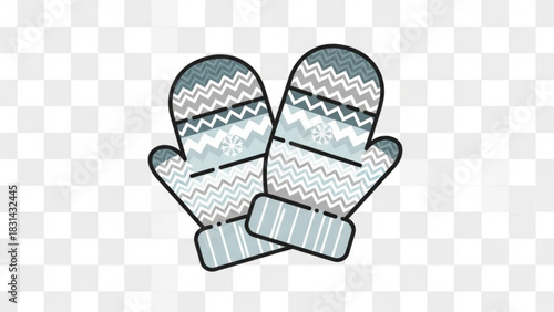 Two winter mittens with zigzags and snowflakes in light blue and gray tones perfect for seasonal designs and holidaythemed projects