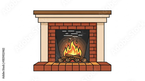Cozy brick fireplace with burning logs and warm flames creating a relaxing and inviting atmosphere in a cartoon style illustration