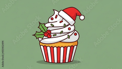 Festive christmas cupcake with santa hat and holly berries on a green background for holiday celebrations and seasonal designs