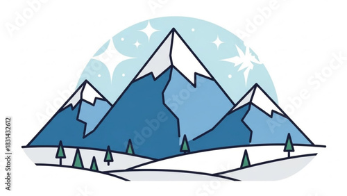 Snowy mountain range with evergreen trees and sparkling sky creating a serene winter landscape illustration for seasonal designs and holiday themes