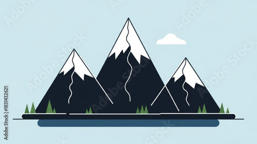 Minimalist mountain range illustration with snowcapped peaks and evergreen trees against a light blue sky creating a serene outdoor landscape