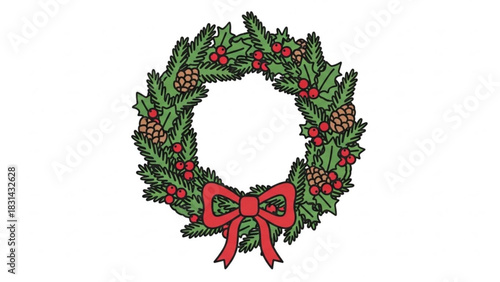Festive christmas wreath with pinecones holly berries and a red bow on a white background creating a cheerful holiday decoration