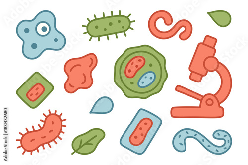 Microorganism with cell, germ and bacteria playful cartoon vector element design pack for school education and learning. Cute microbe and bacteria colorful flat Illustrations set for science
