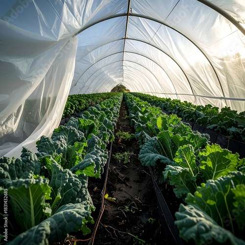 Inside a greenhouse showcasing rows of leafy green vegetables