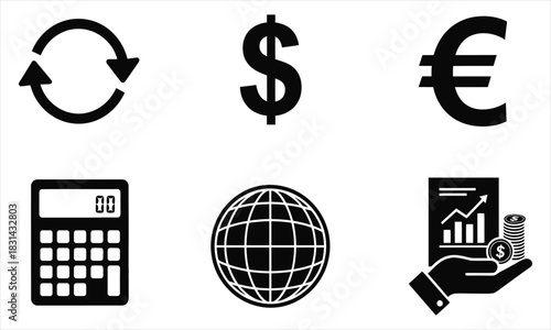 Essential collection of financial and business vector icons illustrating currency exchange, global economy, calculation tools, and investment growth analytics