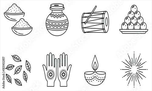 Diwali elements line art traditional designs for festive celebrations, Indian culture