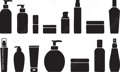 Cosmetic product bottles and containers black silhouette vector illustration isolated