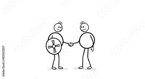 Stick Figures Shaking Hands, One Holding Shield, Agreement Concept.
