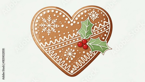 Decorated gingerbread heart cookie with icing and holly for christmas baking and festive holiday celebrations on a white background creating a sweet treat