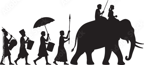 Cultural parade with elephant and people in traditional outfits silhouette
