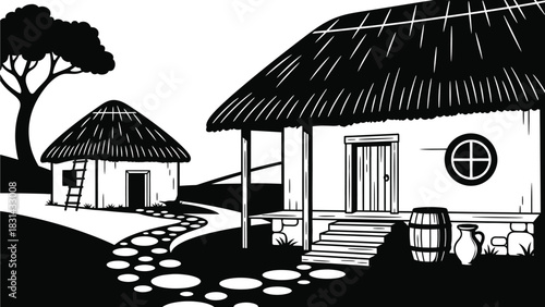 Black and white village house illustration thatched roof huts
