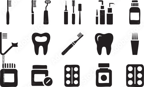 Dental hygiene and healthcare products in black silhouette collection vector illustration