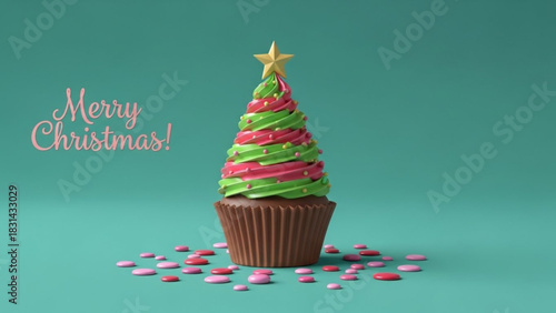 Festive christmas cupcake with green and pink frosting shaped like a tree topped with a star on a teal background perfect for holiday greetings and celebrations