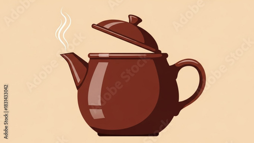 Steaming brown teapot with lid ajar on a beige background evokes warmth and comfort perfect for tea time illustrations and cozy kitchen designs
