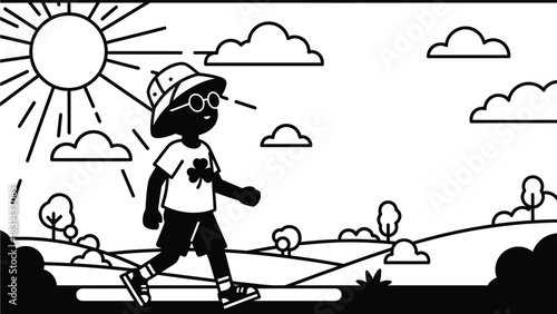 Illustration of person walking outdoors in sunshine and clouds