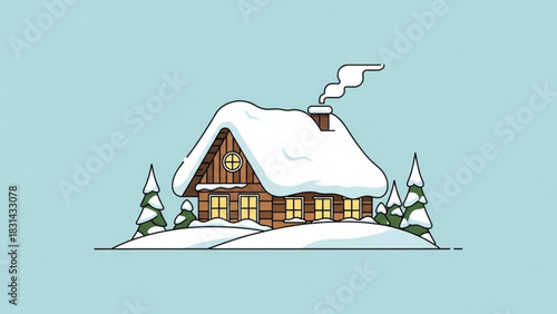 Cozy cabin nestled in a snowy winter landscape with smoke rising from the chimney on a cold day creating a peaceful and serene atmosphere