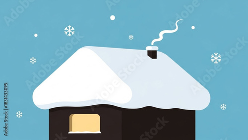 Cozy winter scene of a snowcovered house with smoke rising from the chimney against a light blue sky with falling snowflakes creating a peaceful mood