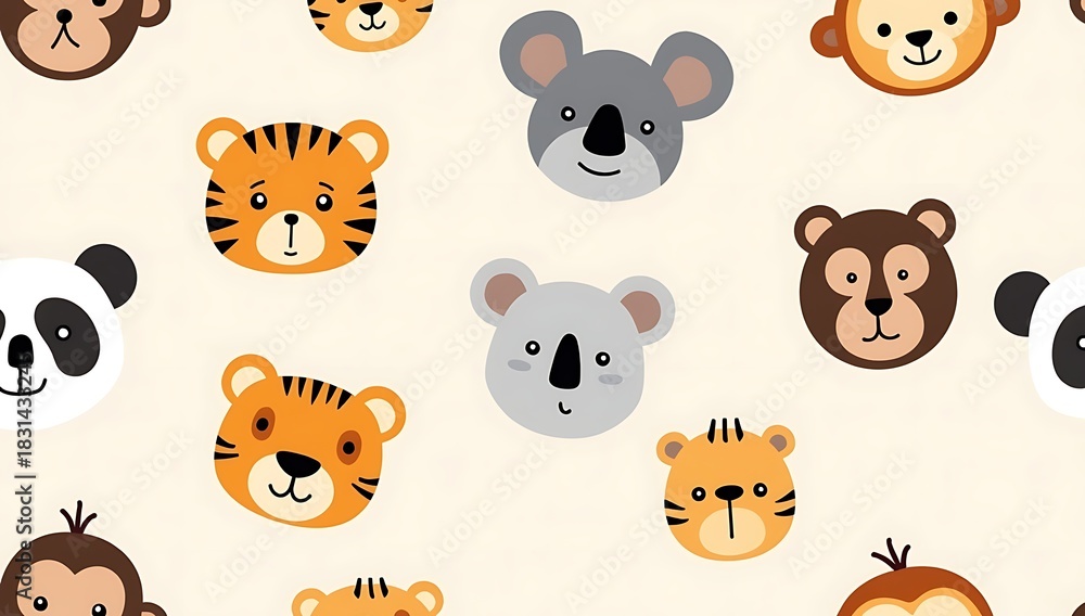 Obraz premium “A seamless pattern featuring simplified cartoon animal faces — monkey, tiger, panda, koala — with thick outlines, strong shapes, pastel background options, bold flat colors, fun children’s style, vec