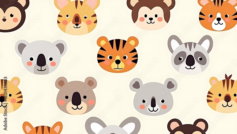 Fototapeta premium “A seamless pattern featuring simplified cartoon animal faces — monkey, tiger, panda, koala — with thick outlines, strong shapes, pastel background options, bold flat colors, fun children’s style, vec