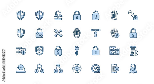 Collection of security icons shields locks fingerprints and more