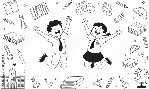 Doodle of happy students jumping with school supplies and building outline