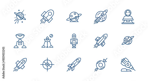 Collection of space exploration icons rockets planets and astronaut symbols