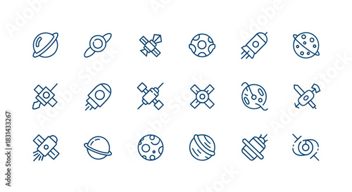 Collection of space icons planets satellites and rockets in line art