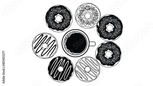 Black and white donuts with coffee illustration for design