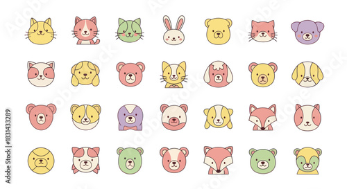 Collection of stylized animal faces with colorful outlines for design use