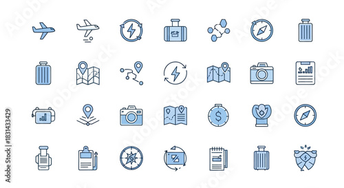 Collection of travel and business icons in modern linear style