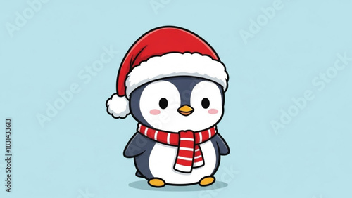 Adorable festive penguin wearing Santa hat and scarf, spreading holiday cheer, perfect for Christmas cards and seasonal promotions, originally a vector graphic