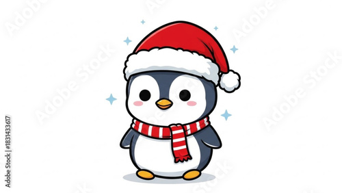 Adorable festive penguin with Santa hat and striped scarf brings joy to your holiday projects, greeting cards, and winter themed designs with its charming appeal