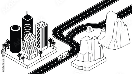 Isometric city desert landscape with road and bus illustration