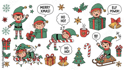 Charming Christmas elf cartoon set: Gift giving, sledding, sleeping, and holiday cheer in a festive scene, perfect for seasonal designs and celebrations