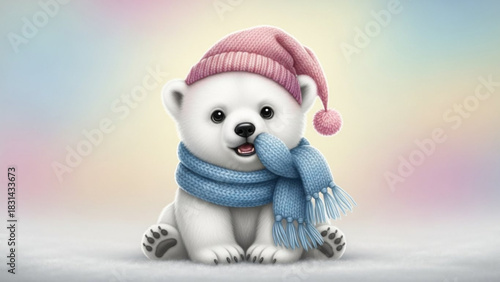 Adorable polar bear cub wearing a pink hat and blue scarf, perfect for winter cards and festive holiday promotions, bringing warmth and joy to all