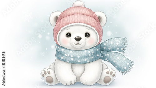 Adorable polar bear cub wearing a pink knit hat and blue polka dot scarf, a heartwarming winter illustration with a cute, festive feel