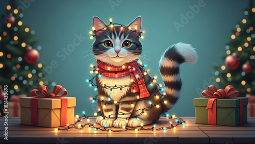 Charming holiday scene features adorable cat tangled in Christmas lights with gifts, evokes festive cheer and whimsical joy for seasonal designs