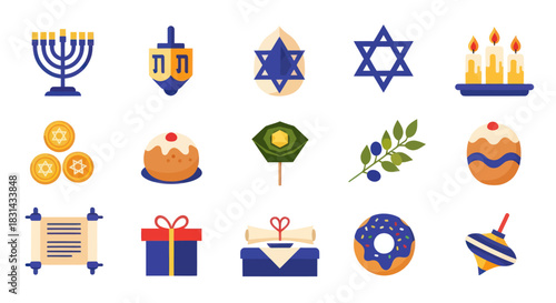 Collection of festive holiday icons in bright blue and yellow illustrations