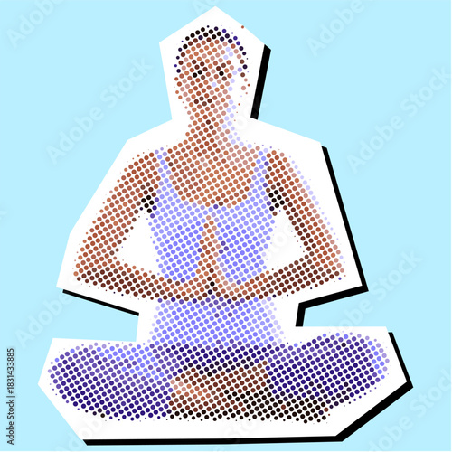 Yoga Halftone Dotted Collage Element Pointillize in Paper Torn Vector Ideal for wellness, meditation, balance, and abstract relaxation graphics. Symbolizes pose, inner peace, spirituality, and mindful