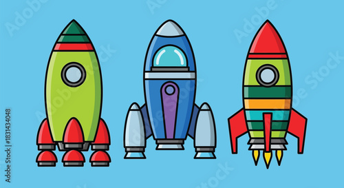 Vector illustration of colorful cartoon rockets on blue sky