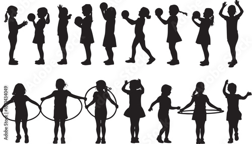 Group of children silhouettes playing with balls and hula hoops in black