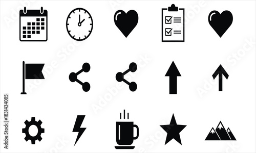 Collection of black and white icons for various applications, including time, calendar, and share symbols