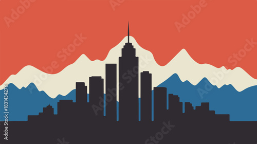 Abstract cityscape silhouette with colorful mountains