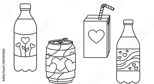 Valentine drinks cartoon juice box soda can bottle vector art
