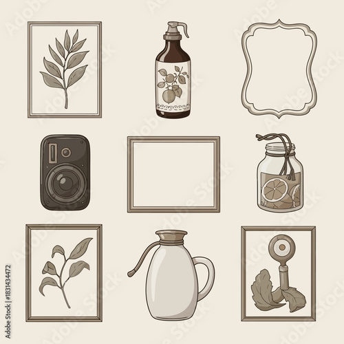 Charming vintage collection featuring botanical art, retro camera, and decorative kitchenware evoking a cozy, nostalgic atmosphere for lifestyle designs