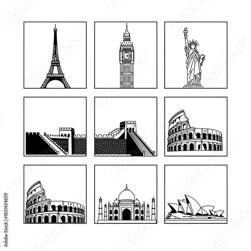 Iconic global landmarks collection featuring Eiffel Tower, Big Ben, Statue of Liberty, Great Wall, Colosseum, Taj Mahal and Sydney Opera House