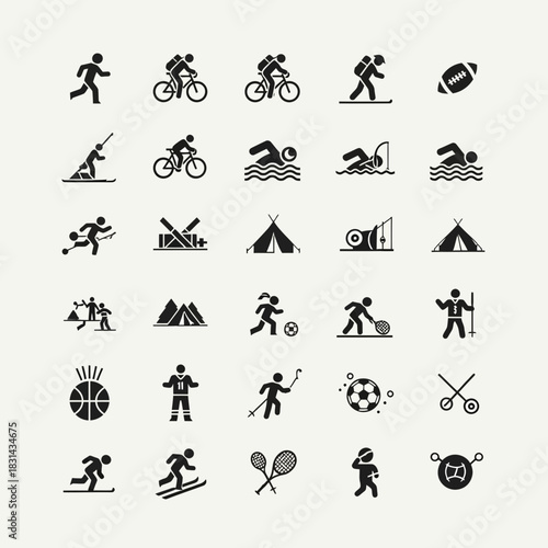 Dynamic collection of sport and outdoor activity icons representing active lifestyles and recreational pursuits for modern designs