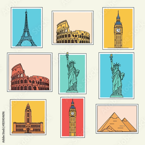 Iconic world landmarks collection featuring Eiffel Tower, Colosseum, Statue of Liberty, Big Ben, and Pyramids for travel inspiration and design.