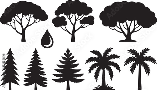 Silhouette collection of various tree species with water drop symbol